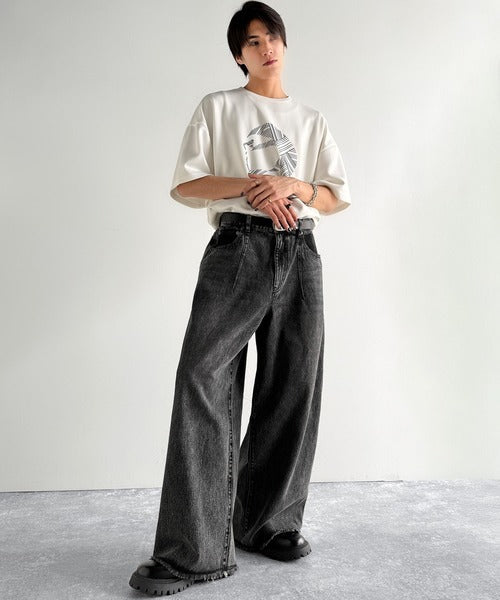 Vintage Washed 3D Curve Wide-Leg Denim／綿100％ヴィンテージウォッシュ 3Dカーブ ワイドレッグデニム co1150003