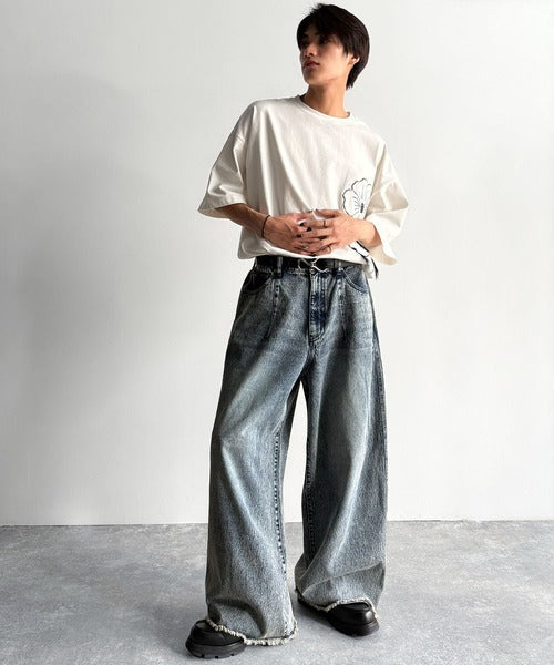 Vintage Washed 3D Curve Wide-Leg Denim／綿100％ヴィンテージウォッシュ 3Dカーブ ワイドレッグデニム co1150003