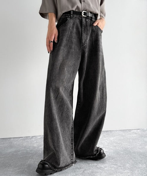 Vintage Washed 3D Curve Wide-Leg Denim／綿100％ヴィンテージウォッシュ 3Dカーブ ワイドレッグデニム co1150003