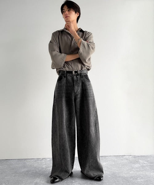 Vintage Washed 3D Curve Wide-Leg Denim／綿100％ヴィンテージウォッシュ 3Dカーブ ワイドレッグデニム co1150003