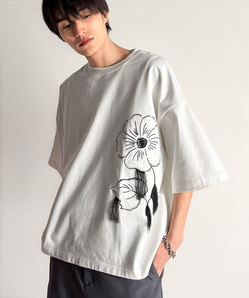 Flower Stitch Applique Design T-Shirt／綿100％フラワーステッチアップリケデザインTシャツ co1150017