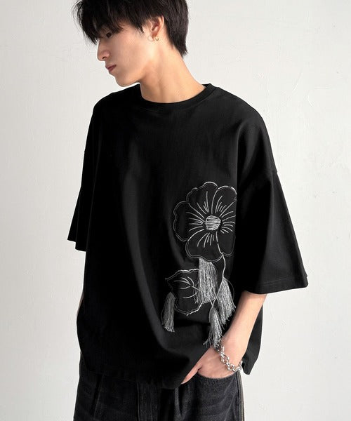 Flower Stitch Applique Design T-Shirt／綿100％フラワーステッチアップリケデザインTシャツ co1150017