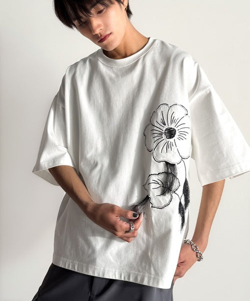 Flower Stitch Applique Design T-Shirt／綿100％フラワーステッチアップリケデザインTシャツ co1150017
