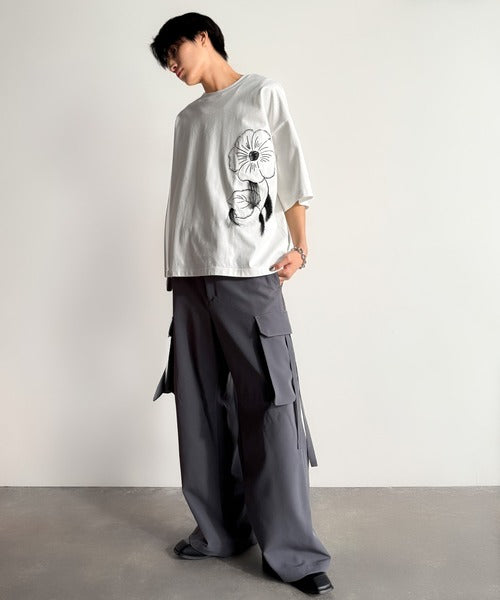 Flower Stitch Applique Design T-Shirt／綿100％フラワーステッチアップリケデザインTシャツ co1150017