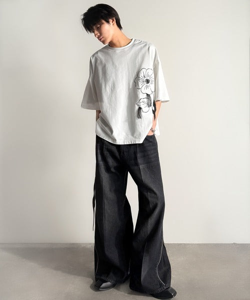 Flower Stitch Applique Design T-Shirt／綿100％フラワーステッチアップリケデザインTシャツ co1150017