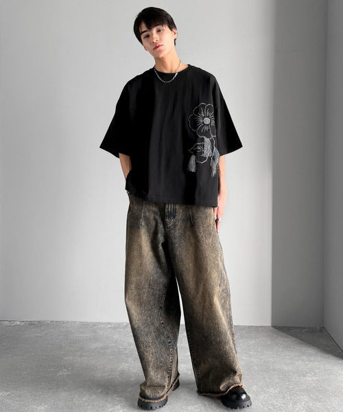 Flower Stitch Applique Design T-Shirt／綿100％フラワーステッチアップリケデザインTシャツ co1150017