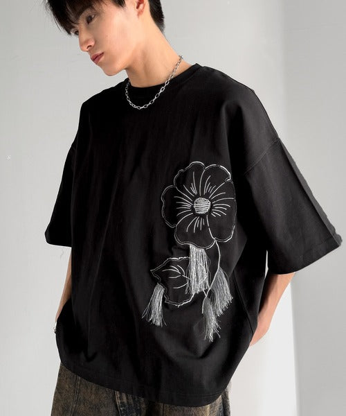 Flower Stitch Applique Design T-Shirt／綿100％フラワーステッチアップリケデザインTシャツ co1150017
