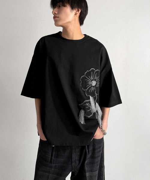Flower Stitch Applique Design T-Shirt／綿100％フラワーステッチアップリケデザインTシャツ co1150017