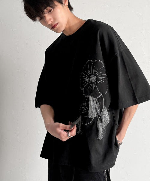 Flower Stitch Applique Design T-Shirt／綿100％フラワーステッチアップリケデザインTシャツ co1150017