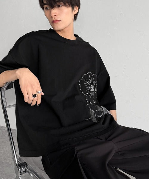 Flower Stitch Applique Design T-Shirt／綿100％フラワーステッチアップリケデザインTシャツ co1150017