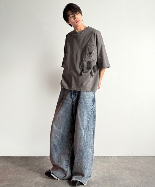 Flower Stitch Applique Design T-Shirt／綿100％フラワーステッチアップリケデザインTシャツ co1150017