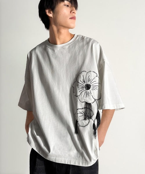 Flower Stitch Applique Design T-Shirt／綿100％フラワーステッチアップリケデザインTシャツ co1150017