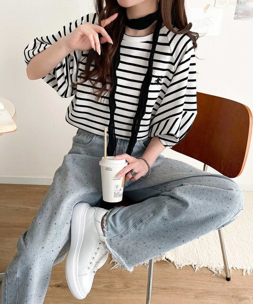大人の上品シンプル。ワンポイント刺繍ランタンスリーブボーダートップス ce1330024