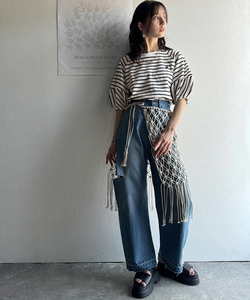 大人の上品シンプル。ワンポイント刺繍ランタンスリーブボーダートップス ce1330024