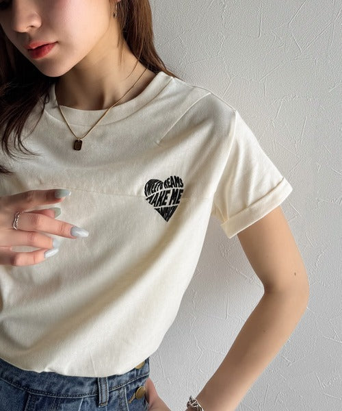 大人のこなれたシンプルスタイル。タックデザインハート刺繍Tシャツ(半袖) ce1050287
