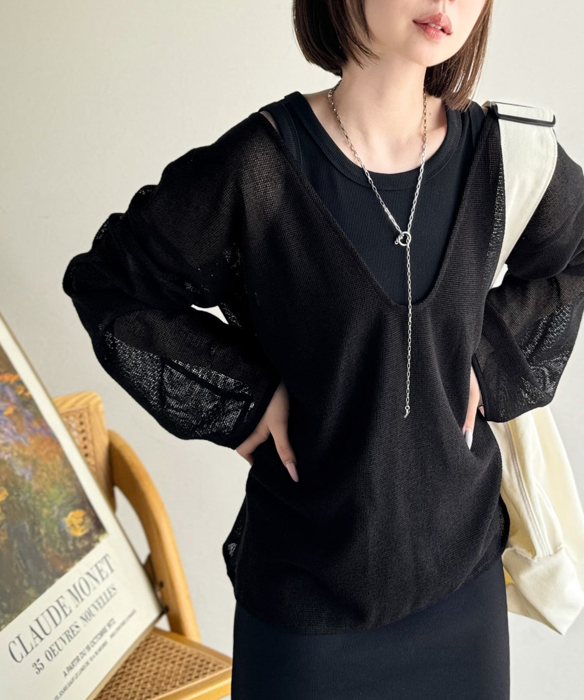 《sayo×クラシカルエルフコラボ》いつもの服に+1。ちょうどいい抜け感を。深Uネックバックベルトメッシュトップス ce1010445