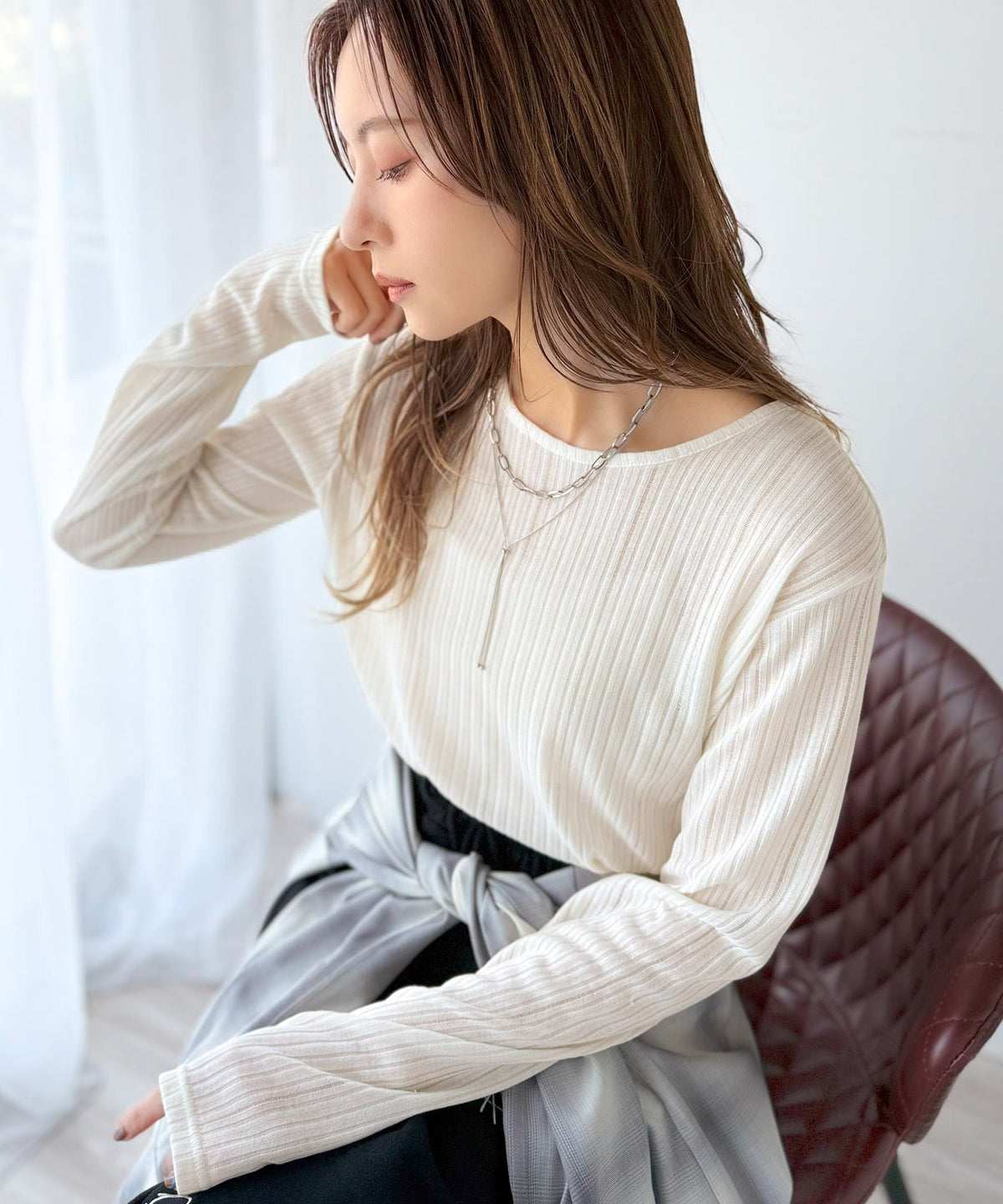《sayo×クラシカルエルフコラボ》透けるたびに、細見え。ストライプシアートップス（長袖） ce1010447