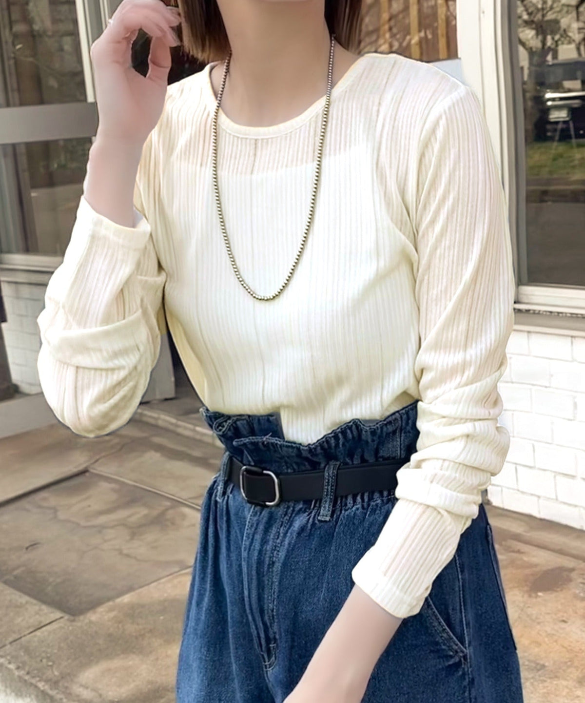 《sayo×クラシカルエルフコラボ》透けるたびに、細見え。ストライプシアートップス（長袖） ce1010447