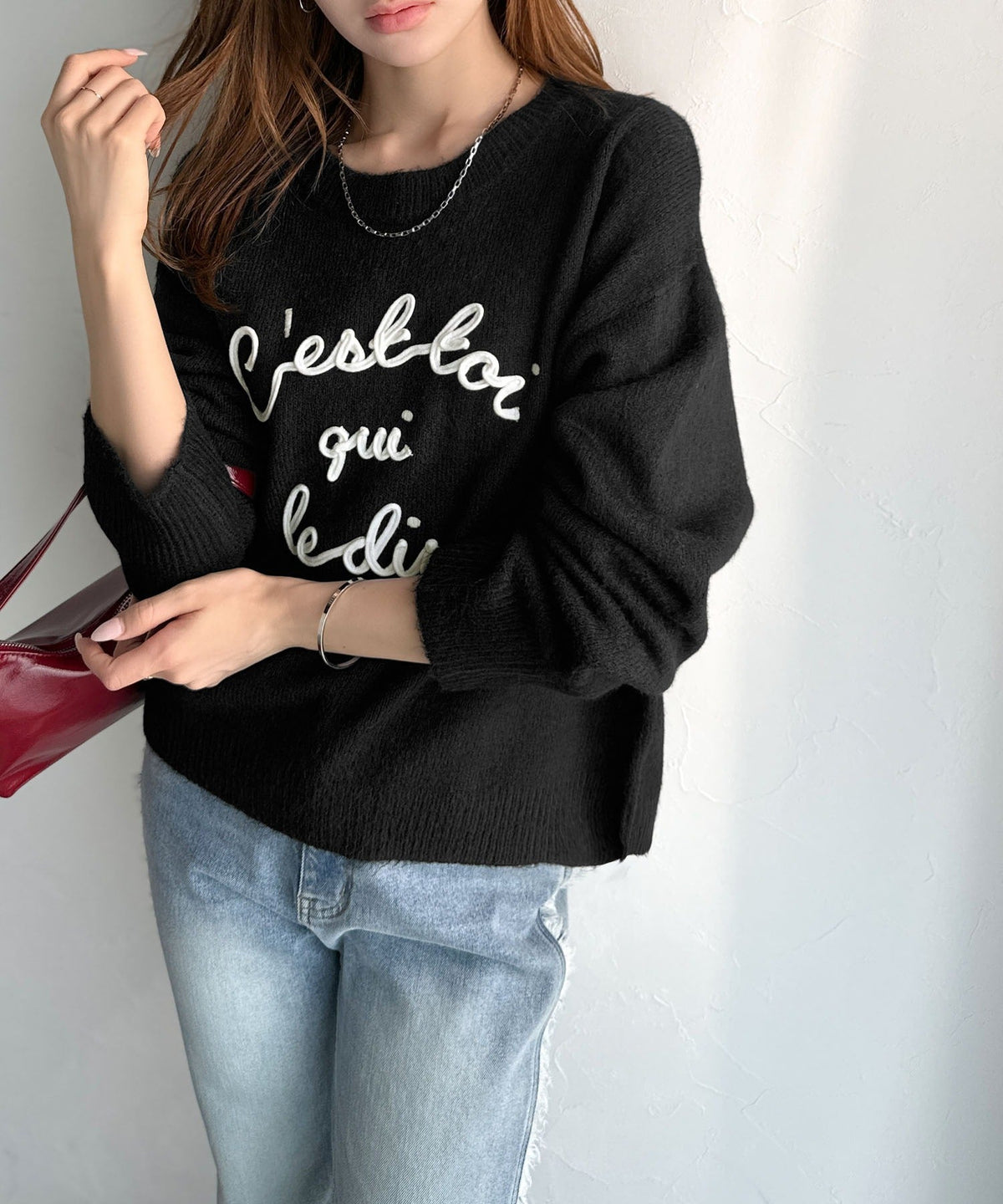 【mily bilet】おしゃれ女子の今シーズンイチ押し♪カラーコード刺繍ミックスニットプルオーバー mi1329045