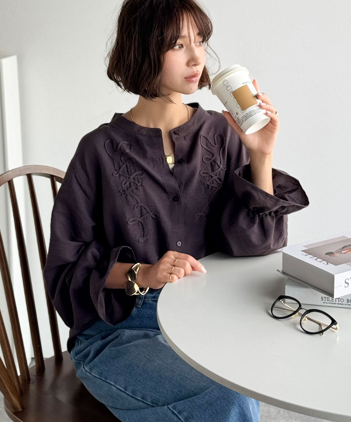 袖コンシャスが上品に映える♪コード刺繍キャンディスリーブシャツ（長袖） ce1010497