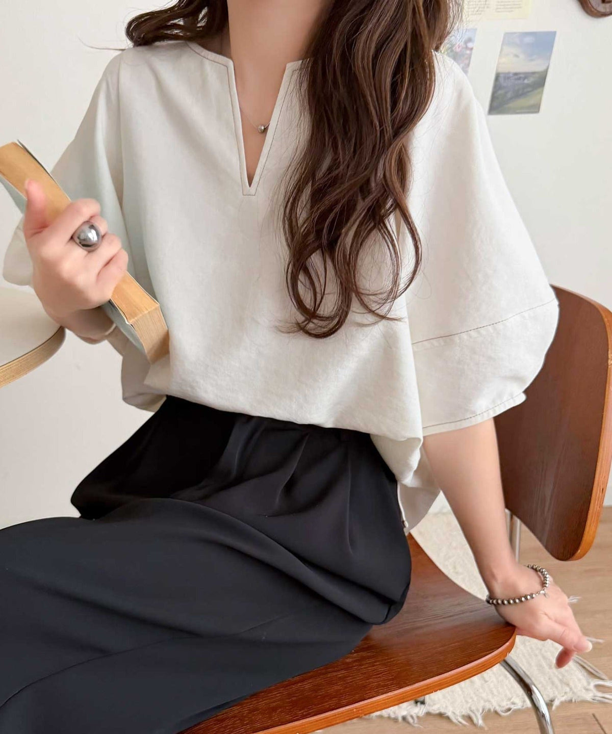 【UVカット、接触冷感、吸水速乾、防シワ機能付き】ふんわりスリーブで華奢見え叶う♪前後2way配色ステッチランタンスリーブブラウス ce1265053