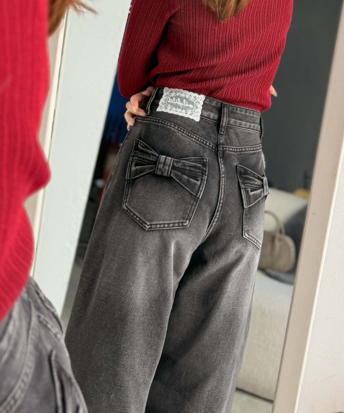 【mily bilet】バックスタイルまで抜かりなく可愛い。バッグリボンポケットワイドデニムパンツ mi0909033