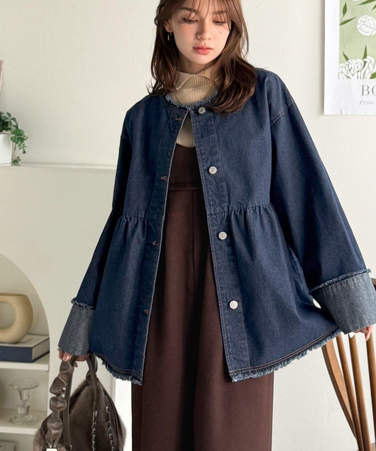 《daaco×クラシカルエルフコラボ》フリンジ×デニムの最強コンビ！綿100％ペプラムノーカラーデニムジャケット ce1010515