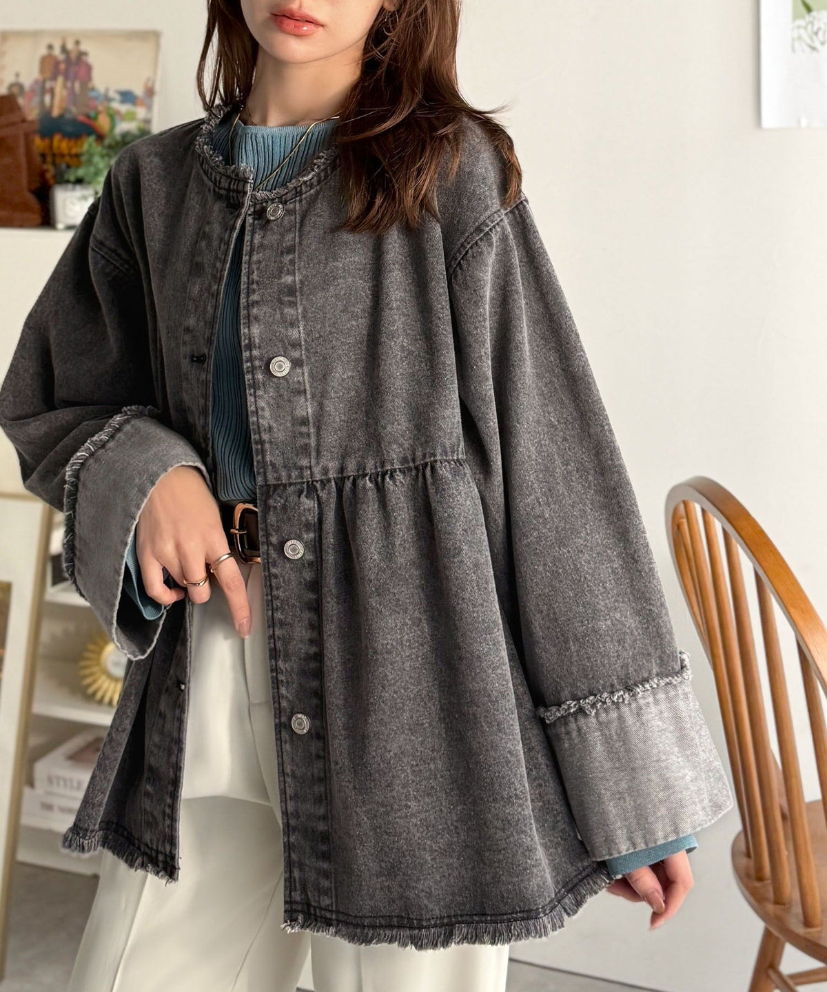 《daaco×クラシカルエルフコラボ》フリンジ×デニムの最強コンビ！綿100％ペプラムノーカラーデニムジャケット ce1010515