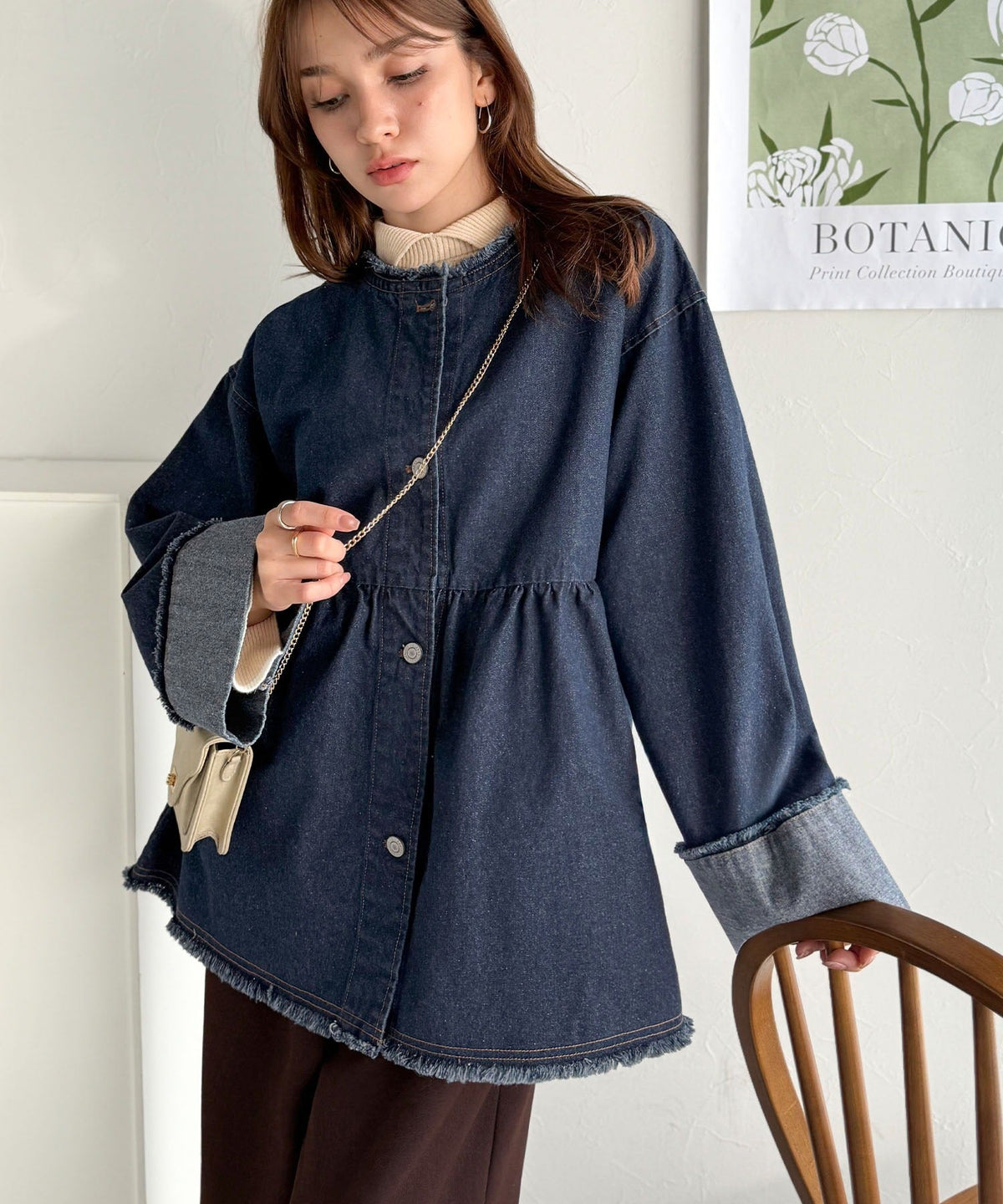 《daaco×クラシカルエルフコラボ》フリンジ×デニムの最強コンビ！綿100％ペプラムノーカラーデニムジャケット ce1010515