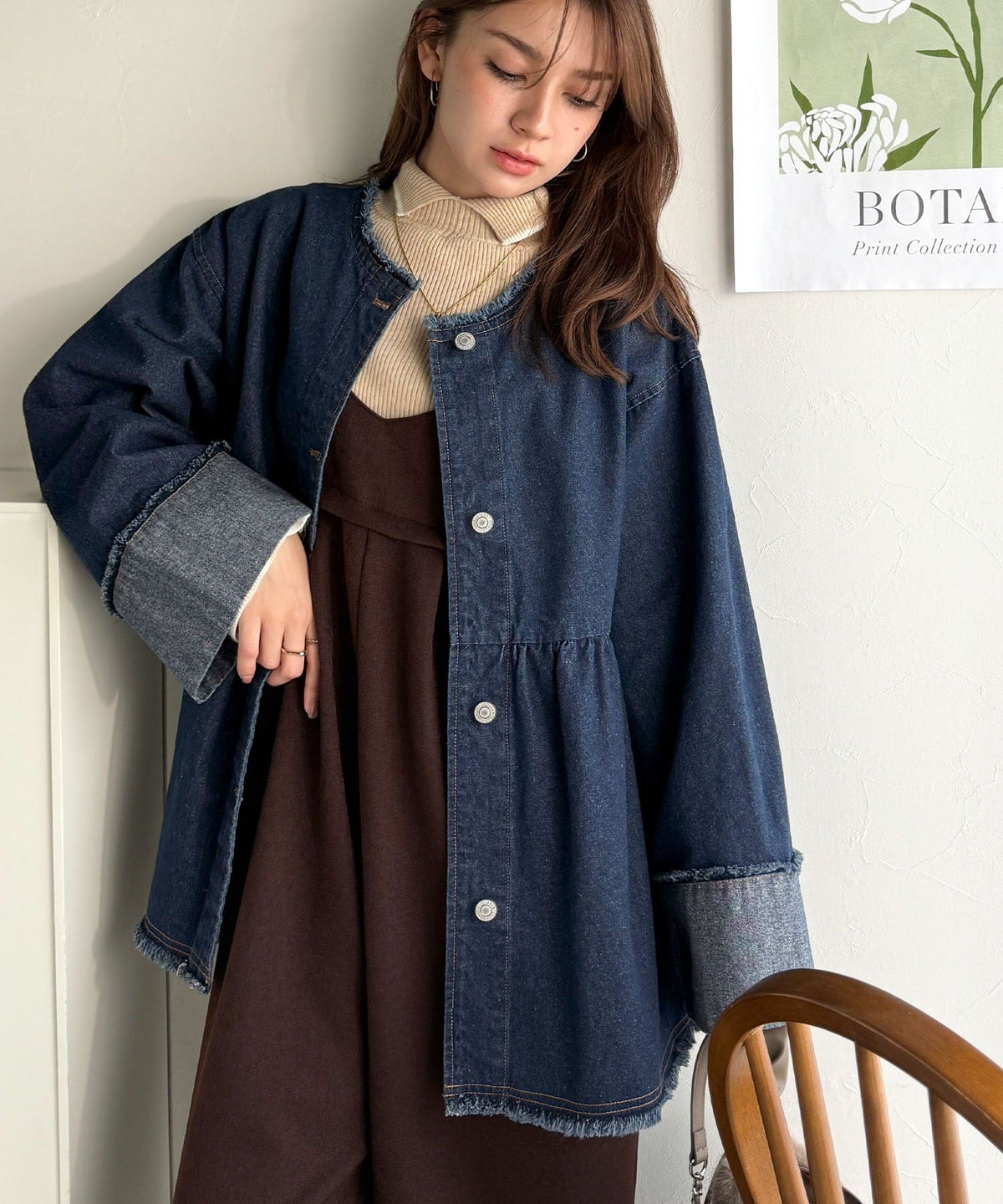 《daaco×クラシカルエルフコラボ》フリンジ×デニムの最強コンビ！綿100％ペプラムノーカラーデニムジャケット ce1010515