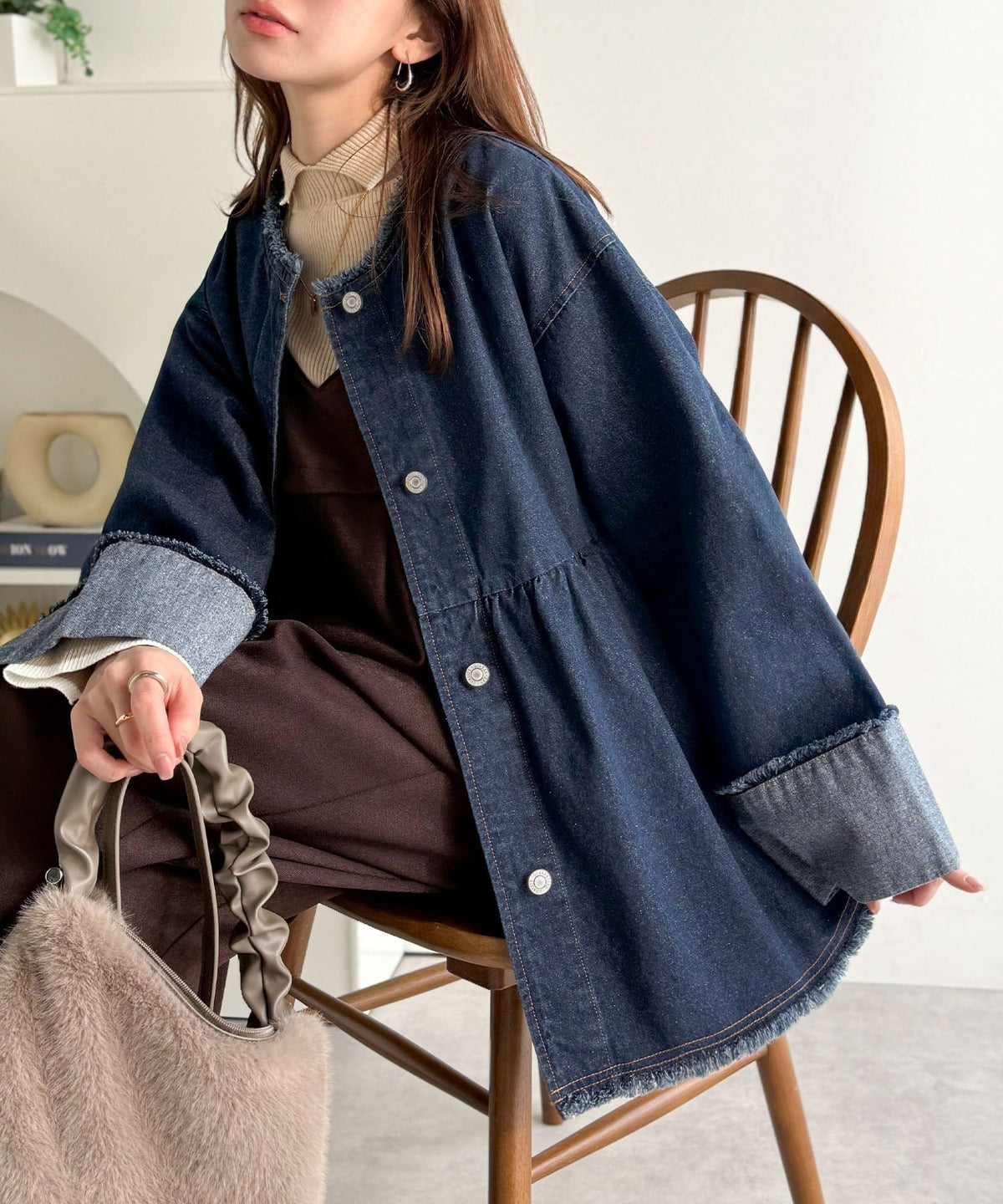 《daaco×クラシカルエルフコラボ》フリンジ×デニムの最強コンビ！綿100％ペプラムノーカラーデニムジャケット ce1010515