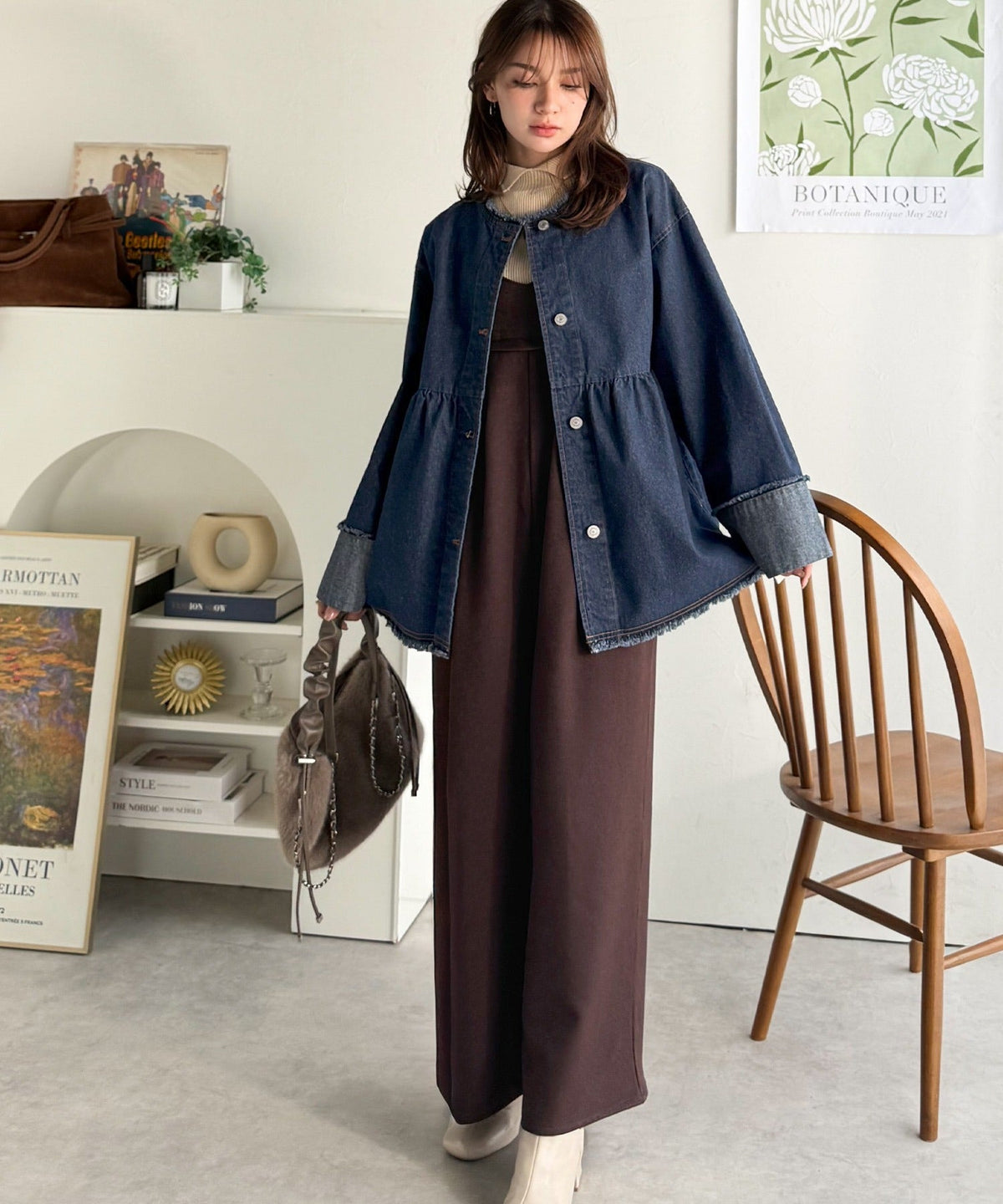 《daaco×クラシカルエルフコラボ》フリンジ×デニムの最強コンビ！綿100％ペプラムノーカラーデニムジャケット ce1010515