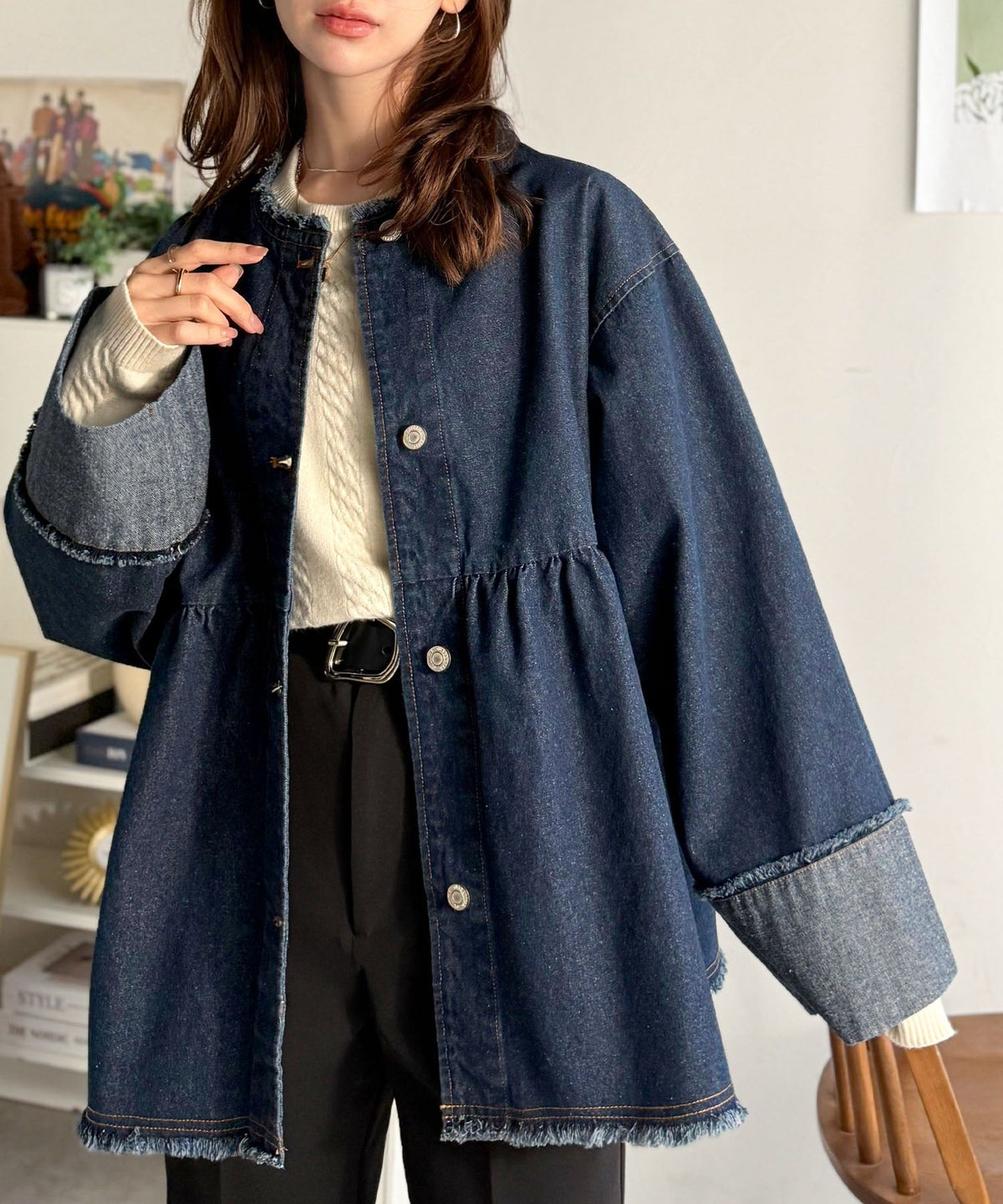 《daaco×クラシカルエルフコラボ》フリンジ×デニムの最強コンビ！綿100％ペプラムノーカラーデニムジャケット ce1010515