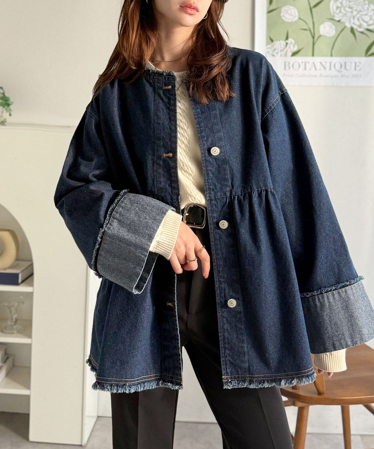 《daaco×クラシカルエルフコラボ》フリンジ×デニムの最強コンビ！綿100％ペプラムノーカラーデニムジャケット ce1010515