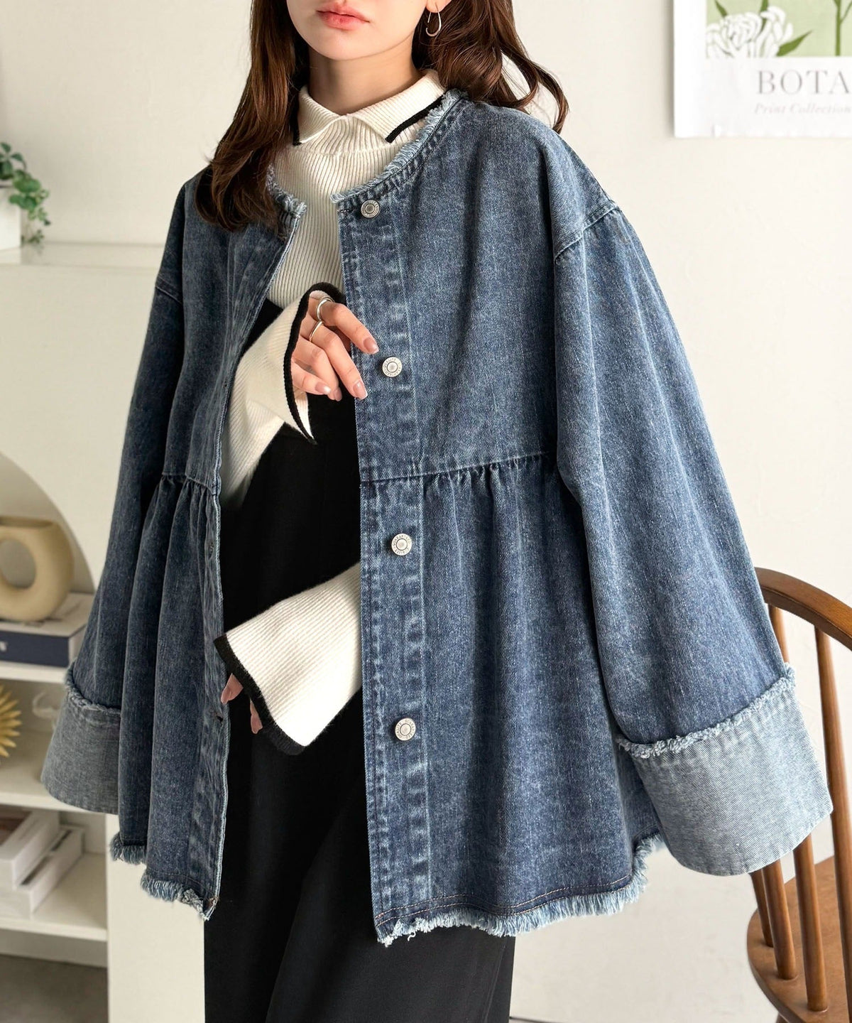 《daaco×クラシカルエルフコラボ》フリンジ×デニムの最強コンビ！綿100％ペプラムノーカラーデニムジャケット ce1010515