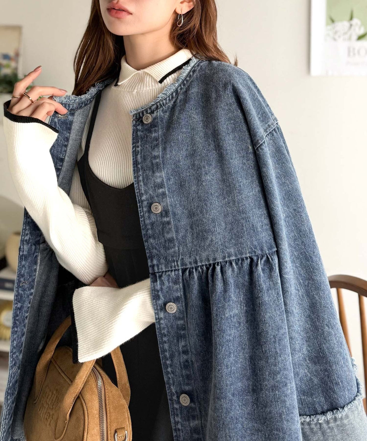 《daaco×クラシカルエルフコラボ》フリンジ×デニムの最強コンビ！綿100％ペプラムノーカラーデニムジャケット ce1010515