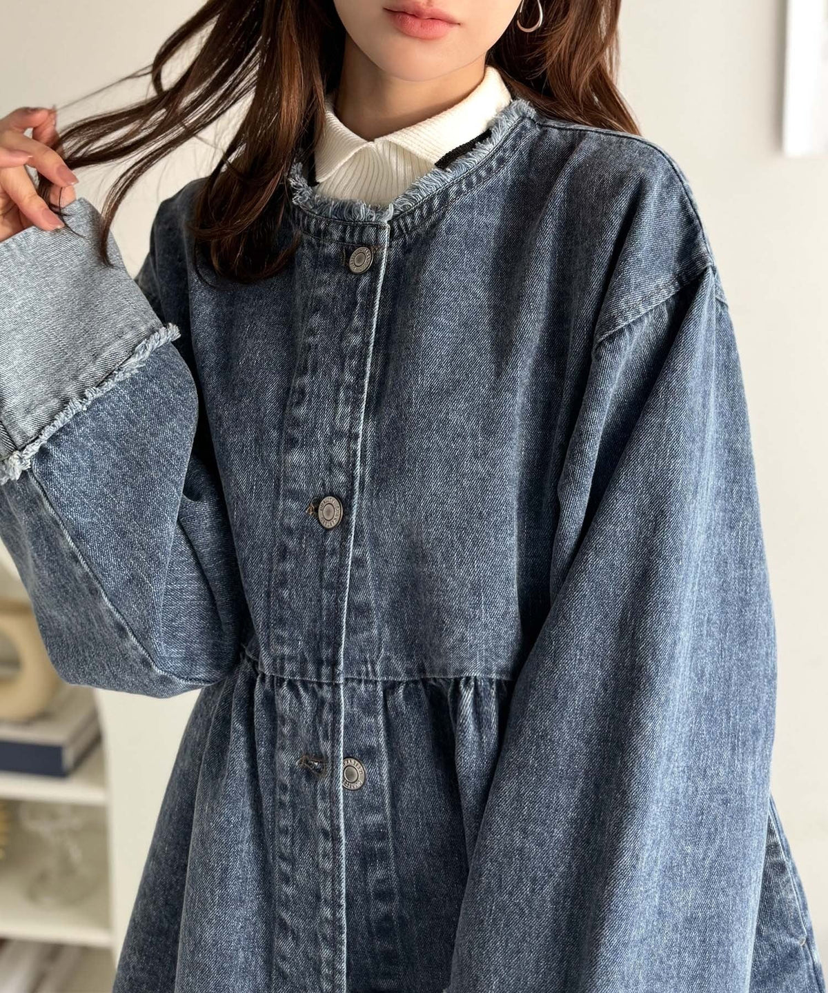 《daaco×クラシカルエルフコラボ》フリンジ×デニムの最強コンビ！綿100％ペプラムノーカラーデニムジャケット ce1010515