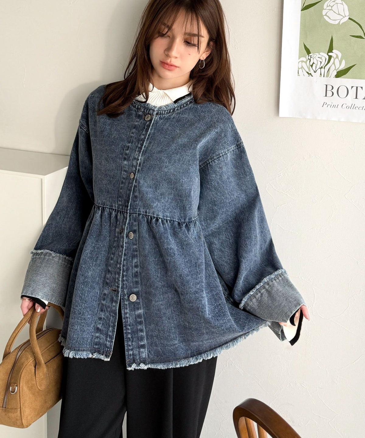 《daaco×クラシカルエルフコラボ》フリンジ×デニムの最強コンビ！綿100％ペプラムノーカラーデニムジャケット ce1010515