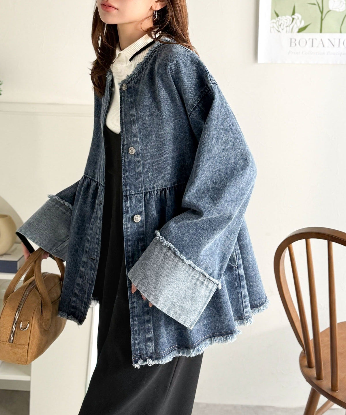 《daaco×クラシカルエルフコラボ》フリンジ×デニムの最強コンビ！綿100％ペプラムノーカラーデニムジャケット ce1010515