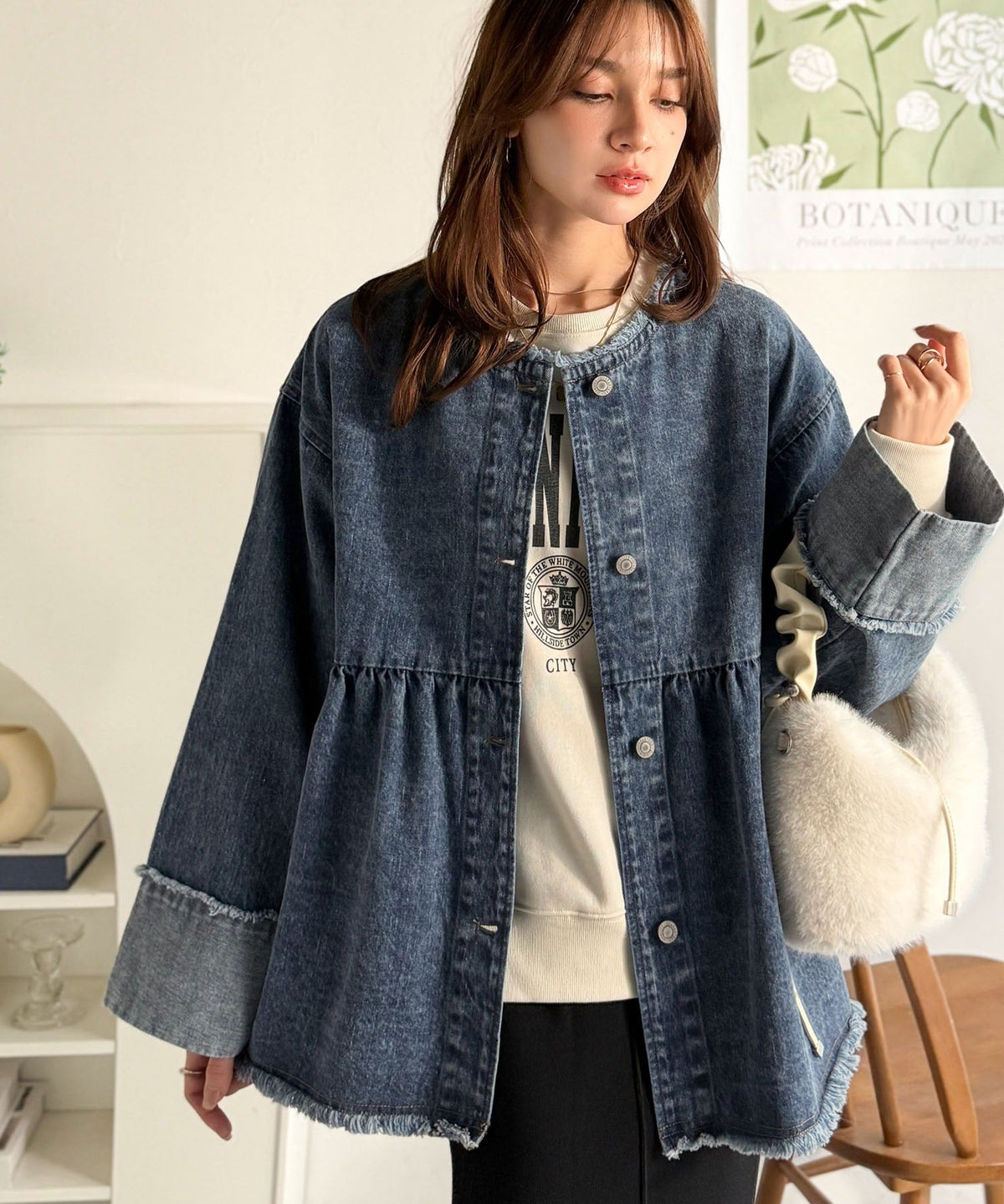 《daaco×クラシカルエルフコラボ》フリンジ×デニムの最強コンビ！綿100％ペプラムノーカラーデニムジャケット ce1010515