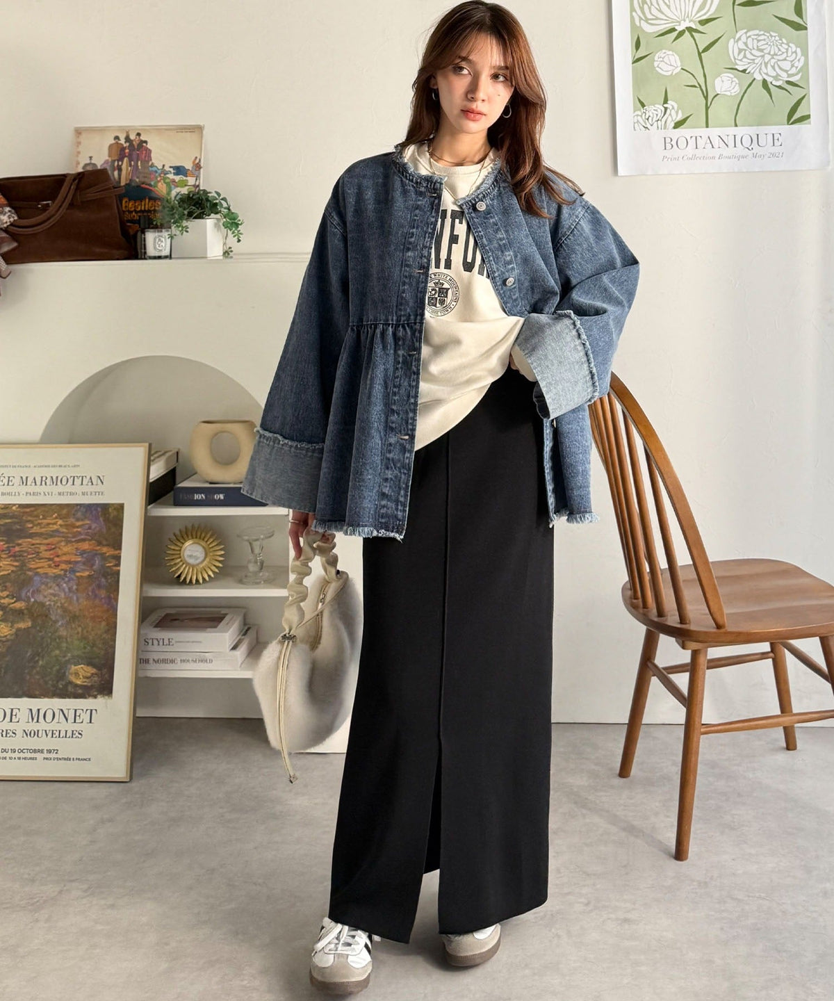 《daaco×クラシカルエルフコラボ》フリンジ×デニムの最強コンビ！綿100％ペプラムノーカラーデニムジャケット ce1010515