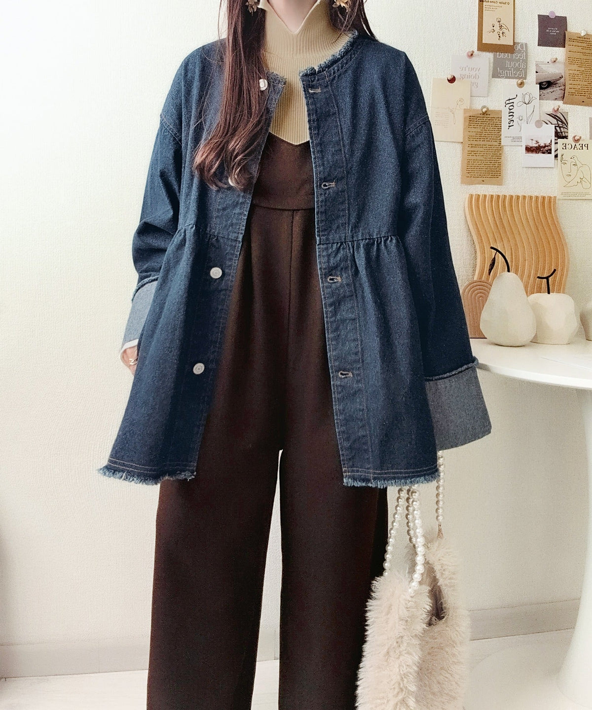 《daaco×クラシカルエルフコラボ》フリンジ×デニムの最強コンビ！綿100％ペプラムノーカラーデニムジャケット ce1010515