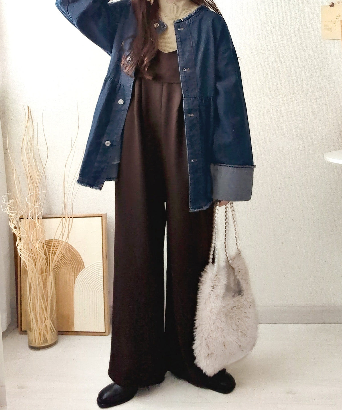 《daaco×クラシカルエルフコラボ》フリンジ×デニムの最強コンビ！綿100％ペプラムノーカラーデニムジャケット ce1010515