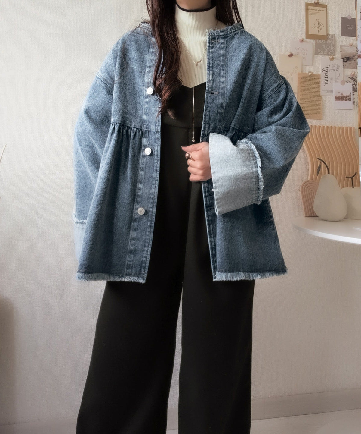 《daaco×クラシカルエルフコラボ》フリンジ×デニムの最強コンビ！綿100％ペプラムノーカラーデニムジャケット ce1010515