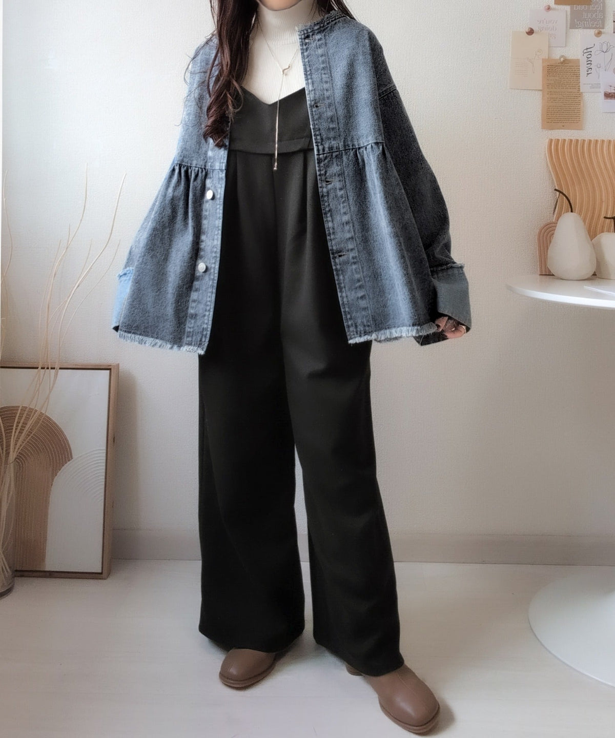 《daaco×クラシカルエルフコラボ》フリンジ×デニムの最強コンビ！綿100％ペプラムノーカラーデニムジャケット ce1010515