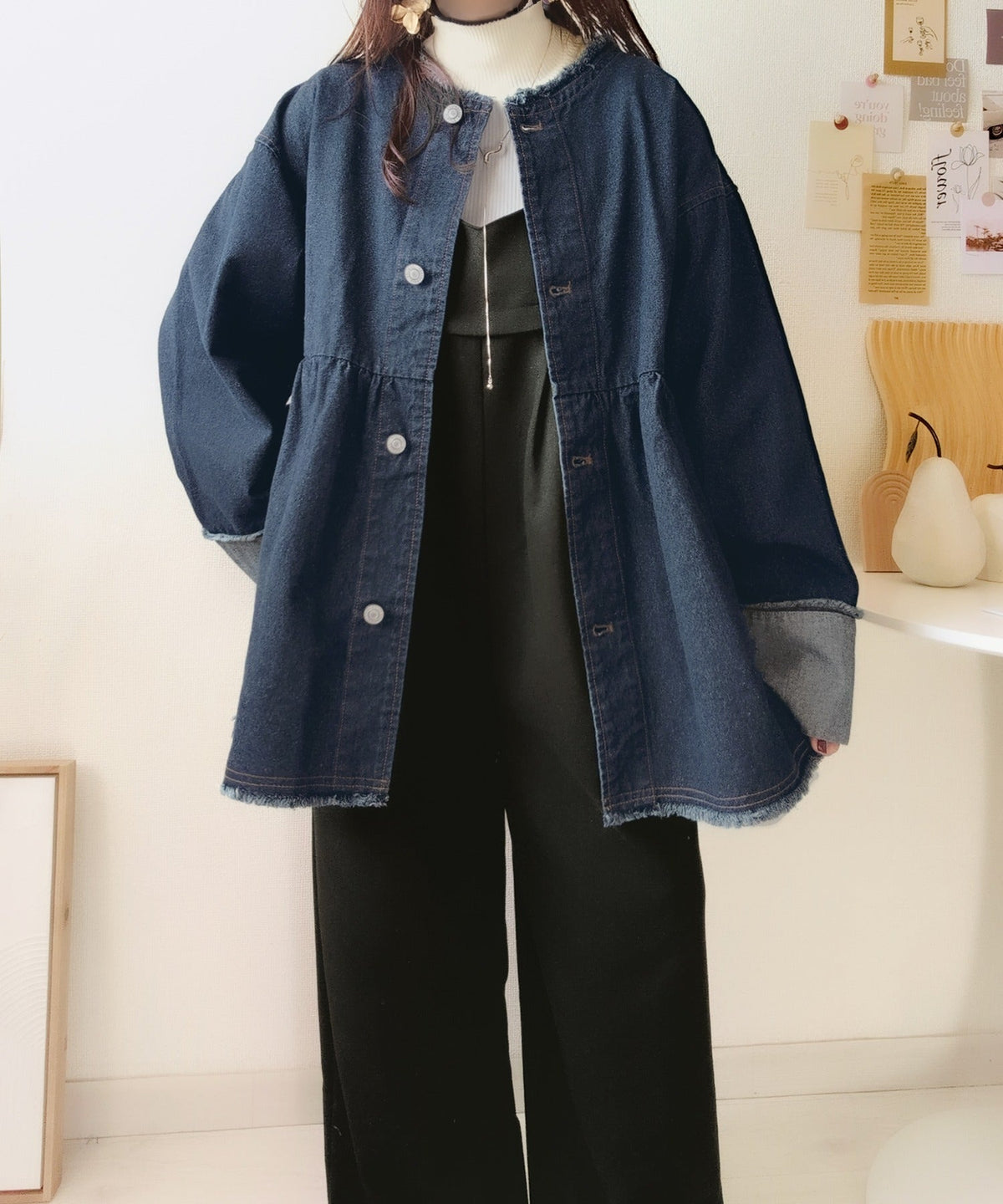 《daaco×クラシカルエルフコラボ》フリンジ×デニムの最強コンビ！綿100％ペプラムノーカラーデニムジャケット ce1010515