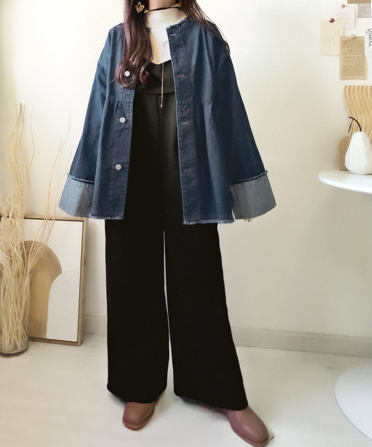 《daaco×クラシカルエルフコラボ》フリンジ×デニムの最強コンビ！綿100％ペプラムノーカラーデニムジャケット ce1010515