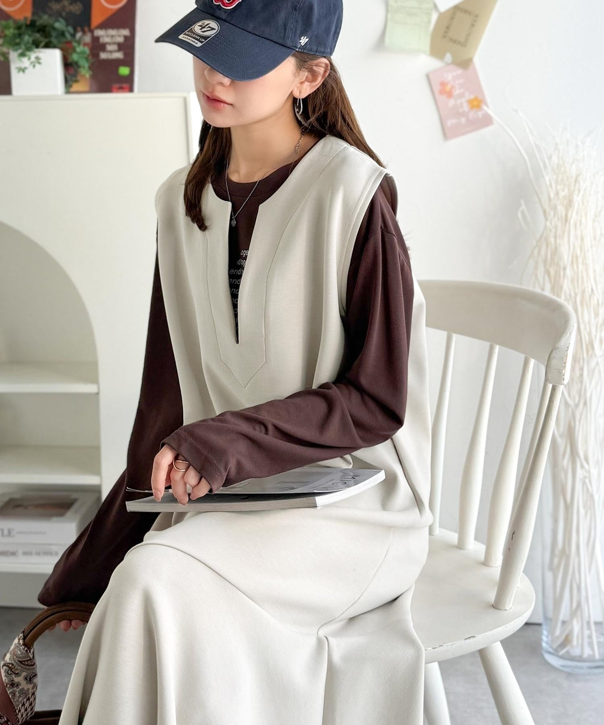 《daaco×クラシカルエルフコラボ》着回し抜群、一枚でフェミニンな抜け感をプラス♪キーネックダンボールロングワンピース ce1010514