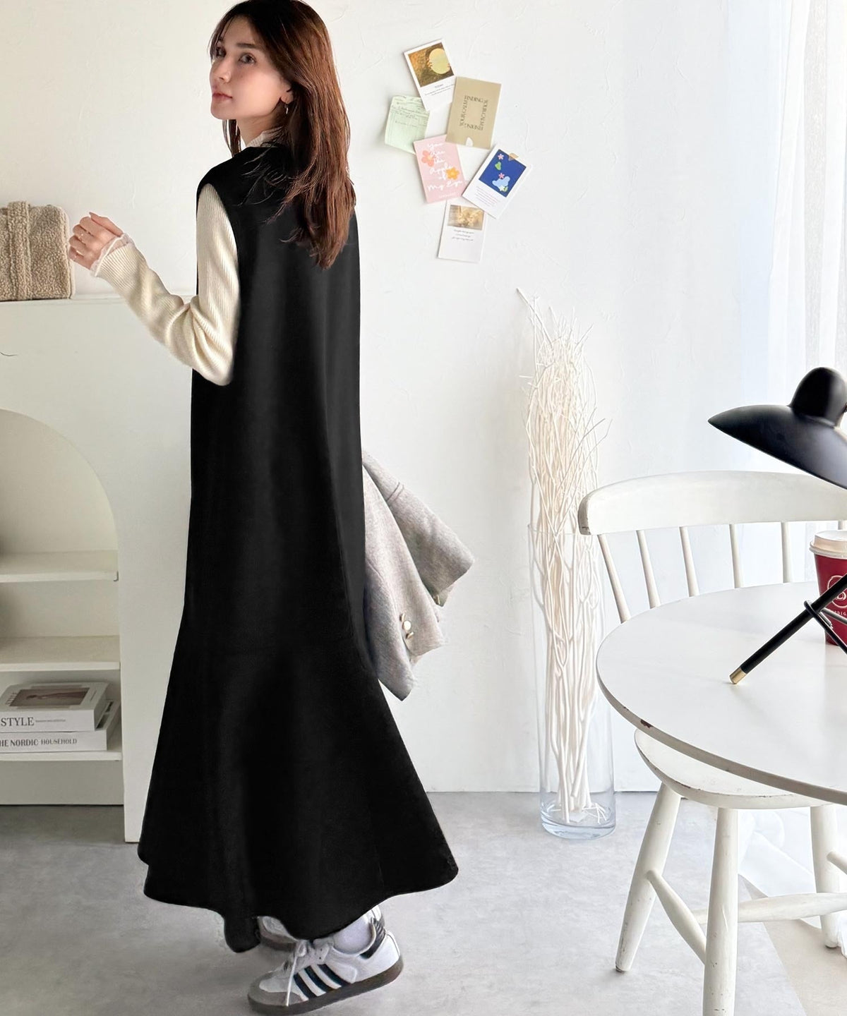 《daaco×クラシカルエルフコラボ》着回し抜群、一枚でフェミニンな抜け感をプラス♪キーネックダンボールロングワンピース ce1010514