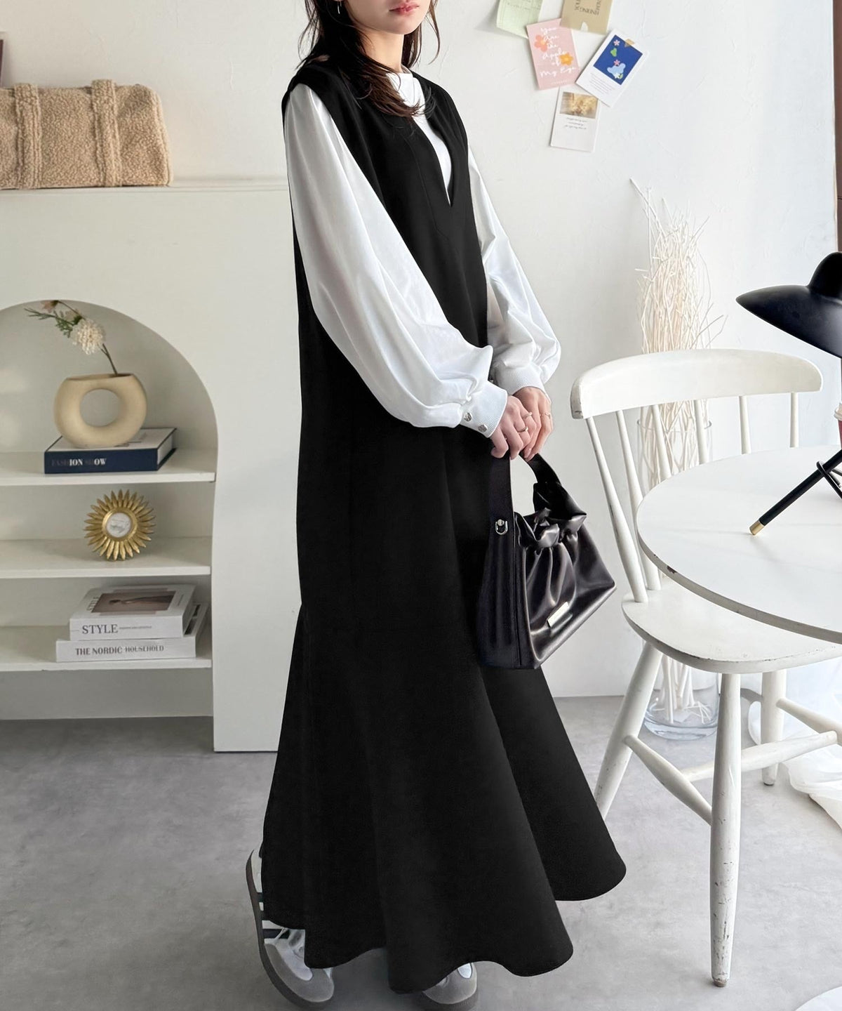 《daaco×クラシカルエルフコラボ》着回し抜群、一枚でフェミニンな抜け感をプラス♪キーネックダンボールロングワンピース ce1010514